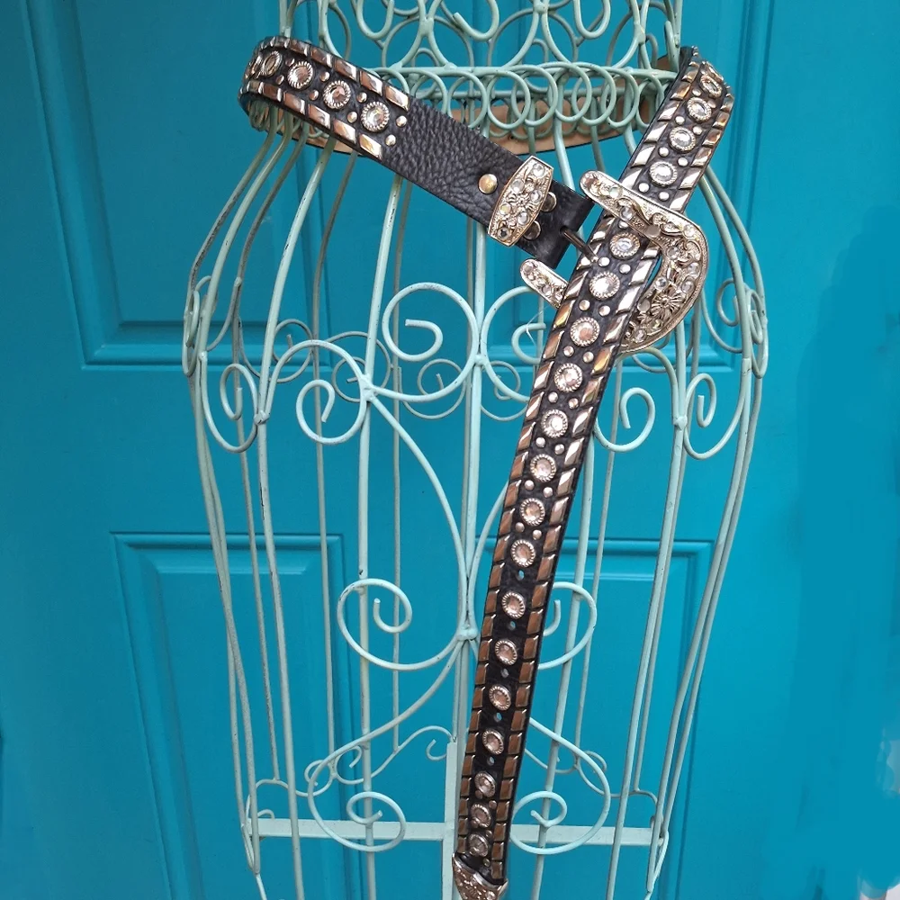 Studded Leather Belt Metal Rivets Silver Crystal Studs Womens italian Western - Picture 9 of 17
